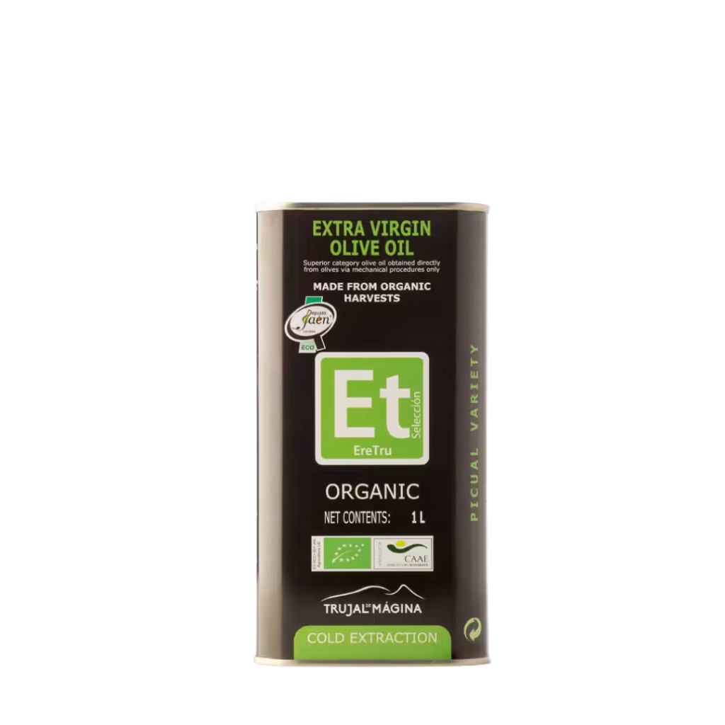 Aceite de oliva virgen extra ecológico ERETRU en lata de 1 litro, formato ecológico certificado